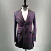 100% Wool Burgundy/Black Check Men's Long Blazer