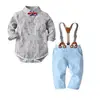 wholesale fashion cotton three piece necktie & suspender pant & teddy printed plaid cotton 0-1 years old baby boy set 255922