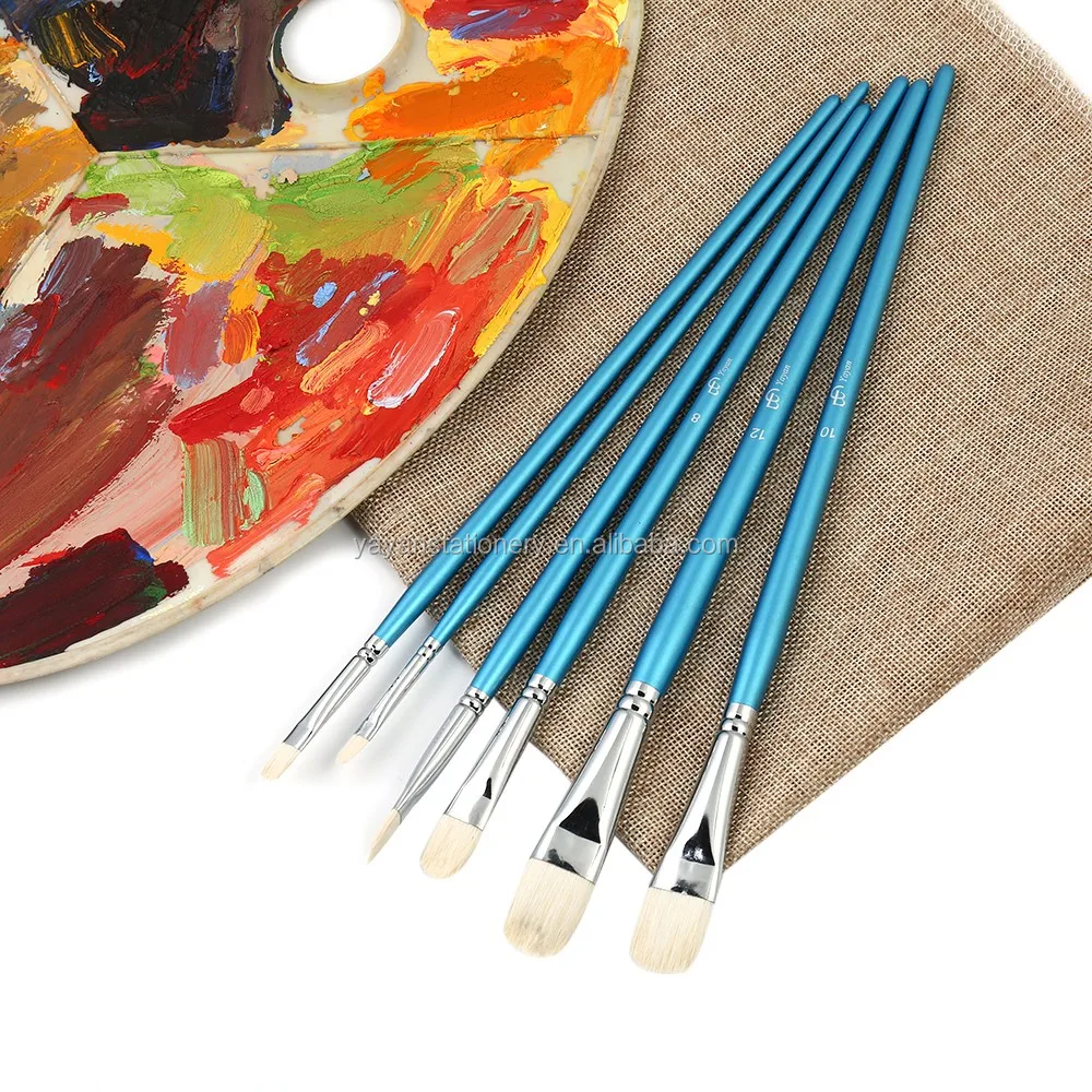 Customized 6pcs/set Filbert Goat Hair Long Wooden Handle Acrylic Paint