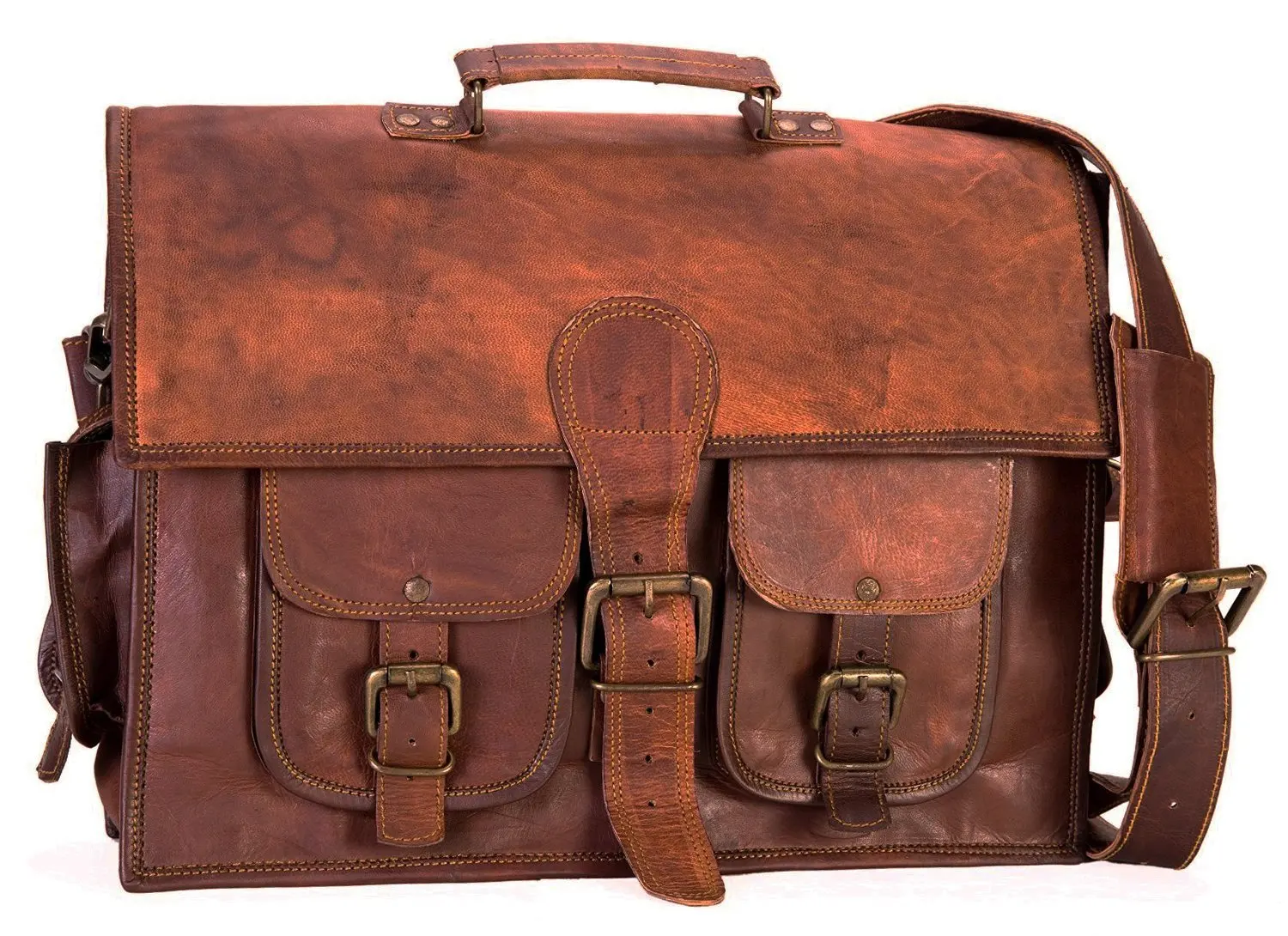 AOL Leather Vintage Crossbody Messenger Satchel Bag Gift Work Briefcase Carry Laptop Computer Book Handmade 15 inch