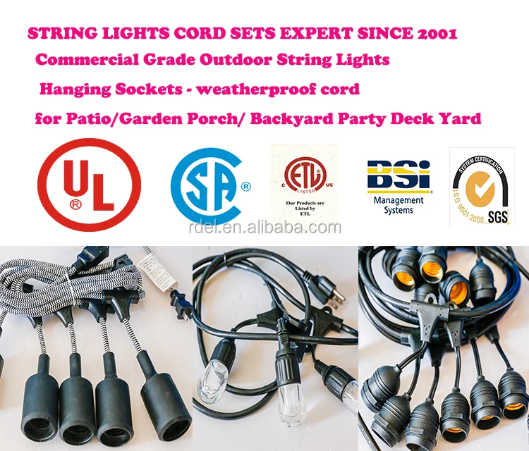 Outdoor String Lights Set Commercial Grade Edison strand lighting- 48ft Heavy Duty Cord 18 Sockets 21 Incandescent Bulbs (3 Spa
