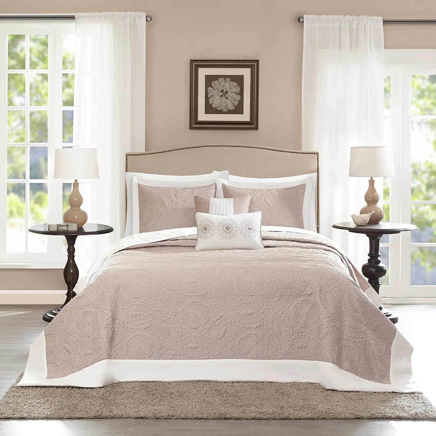 Buy 5pc 120 x 118 Oversized Beige King Bedspread Floor, Extra Long