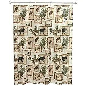 Wildlife Bear Moose Deer Shower Curtain for Bathroom, Horizontal Hunting Themed Pattern, Wild Game Animals Owls Ducks, Southwestern Nature Design, Brown Beige Green, Cottage Cobin Lodge 70 in X 72 in