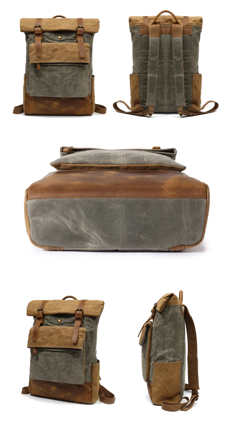 Vintage water proof retro leisure style unisex cycling waxed canvas leather outdoor backpack rucksack bag