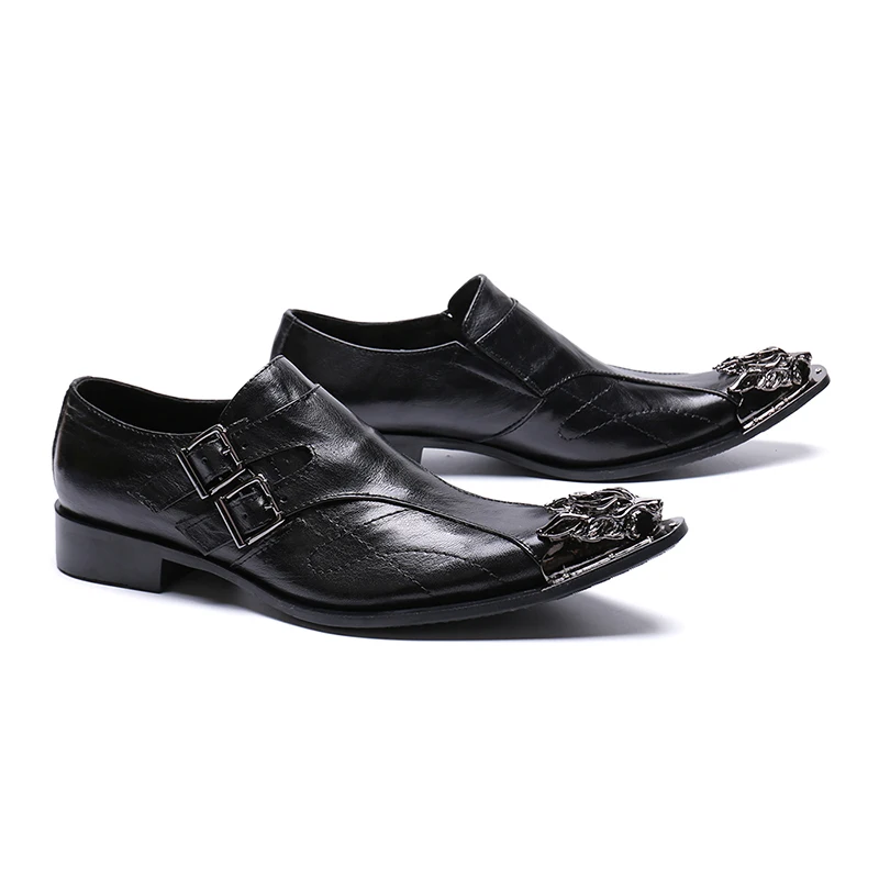 Na144 New Black Genuine Leather Men Shoe Pointed Toe Slip On Metal Tip ...