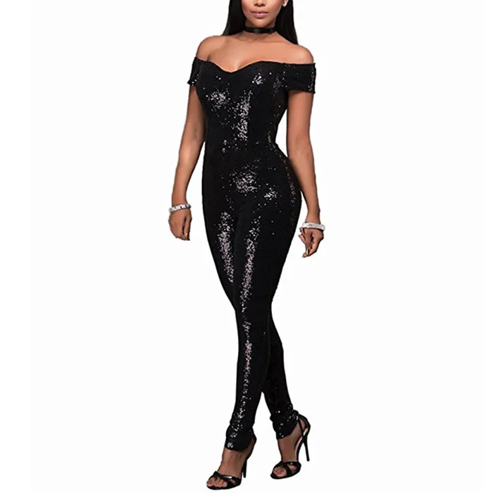 Woman Sexy Sparkly Sequin Party Romper Jumpsuit Dress Backless Black