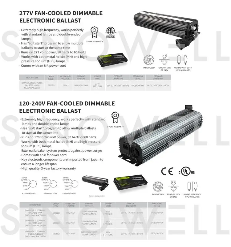 Horticulture 277v 1000w Ballast/277v 347v 400v Double Ended Light