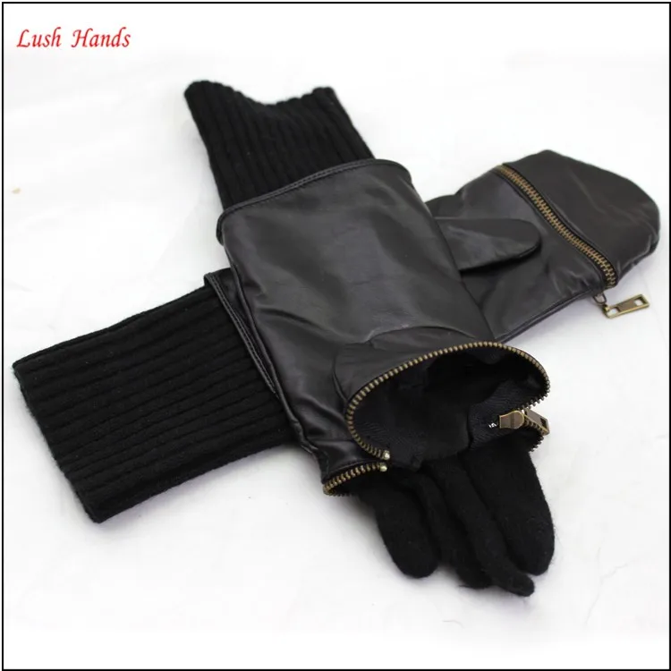 ladies wholesale winter sheepskin leather mitten gloves black