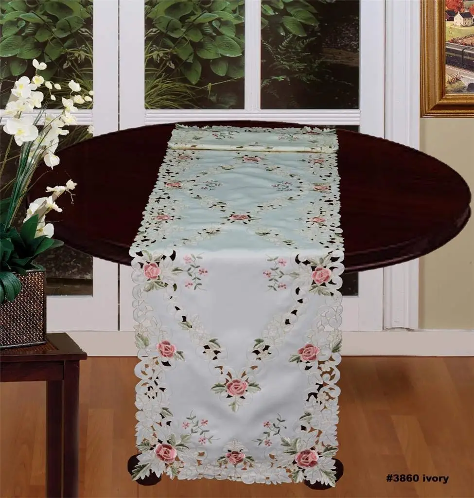 Creative Linens Embroidered Rose Daisy Floral Table Runner 15x70" Ivory Dresser Scarf Spring