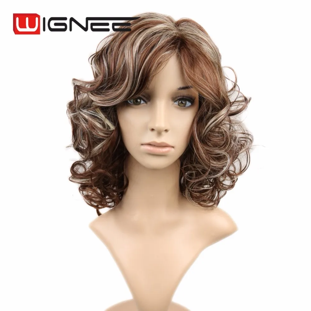 16 Inches Keriting Rambut Sintetis Wig Pirang Coklat Campuran Warna