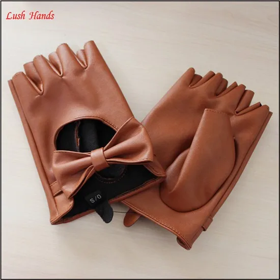 women fashion fingerless driving leather gloves with bowknot