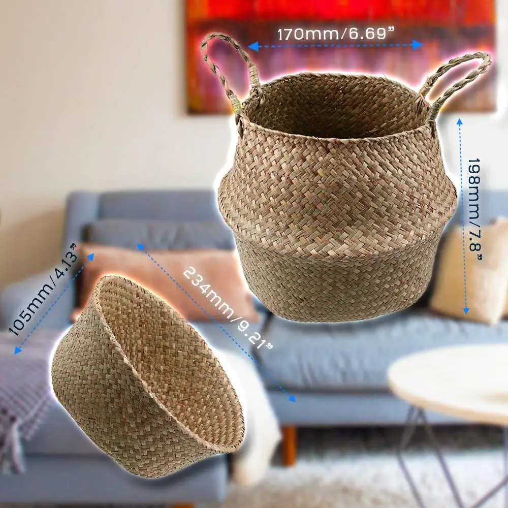 Plant Holder Basket Pot Collapsible Panier Storage Nursery Laundry Tote Bag with Handles L RISEON Black Seagrass Belly Basket 36x32cm