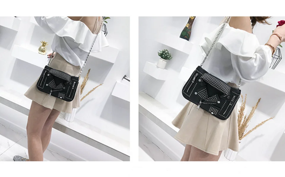 Fashion Korean Style Women Cheap Leather Rivet Decoration One Shoulder Strap Metal Chain Crossbody Messenger Bag/Handbag