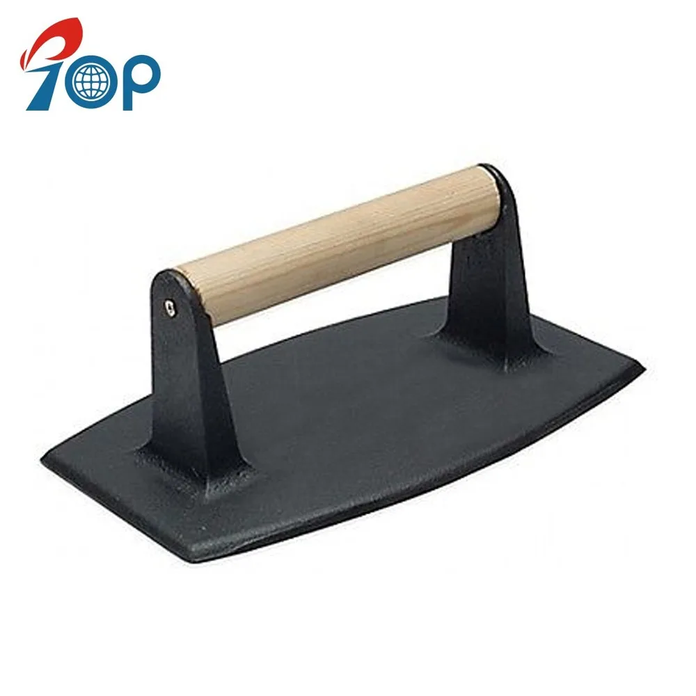 Customized Cast Iron Commercial Grill Meat Press With Wooden Handle