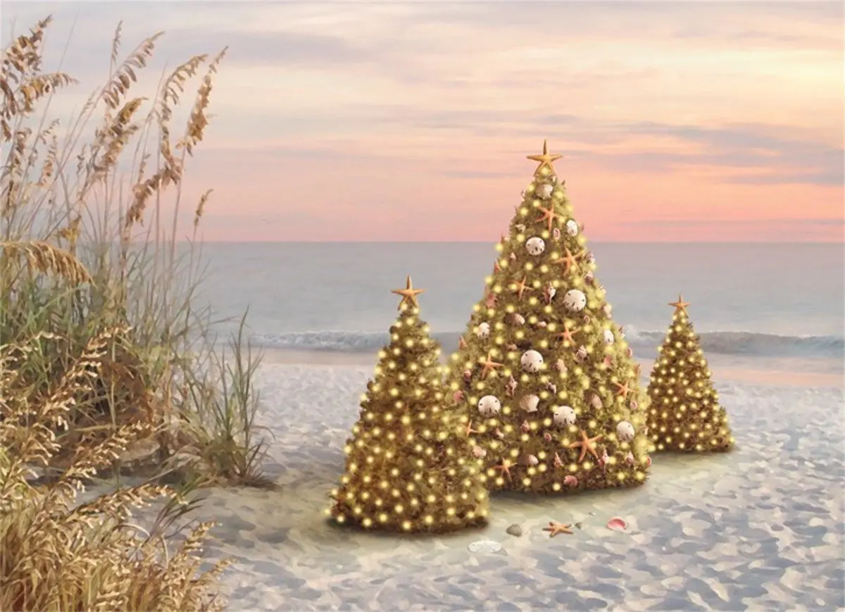 12 Christmas Cards and Envelopes, Shell Decorated Christmas Trees on the Beach