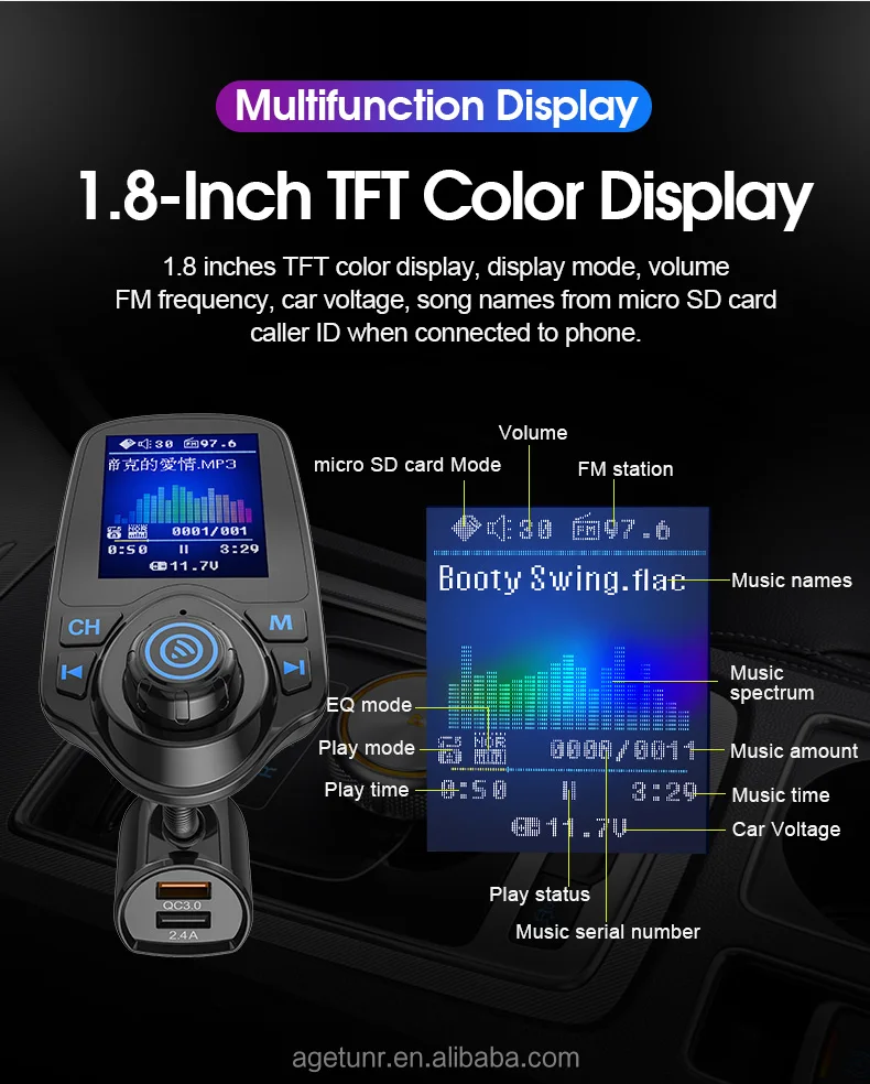 Agetunr T10d Bluetooth Car Fm Transmitter Micro Sd Card/u-disk Dc5v Qc3