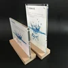 T shape acrylic magnetic menu brochure holder with wooden base custom restaurant table stand menu holder with beech wood base