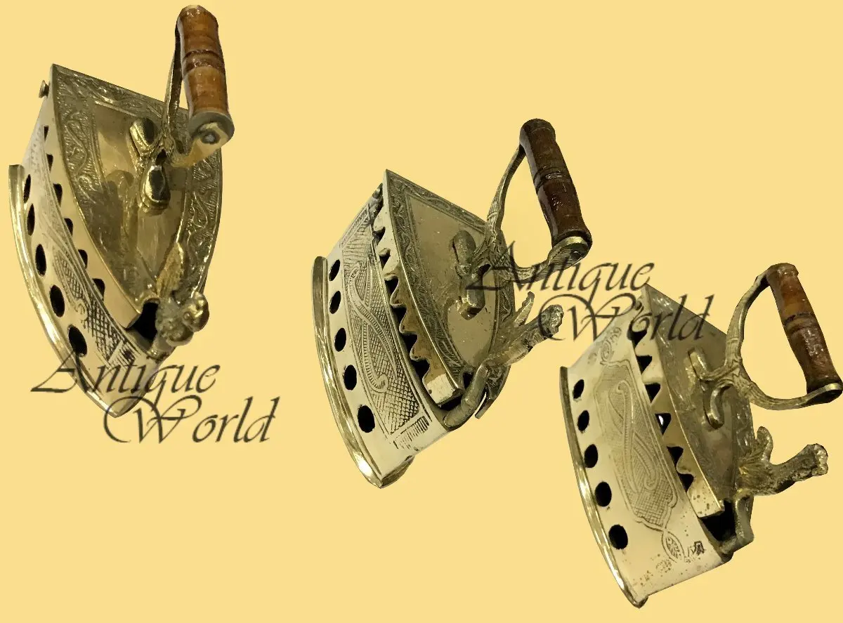 Antiques World Set of 3 Showpiece Iron, Home Decor, Cast Showpiece Iron-Brass Coal Fired Clothes Press, Rooster Latch, Collectible Heavy Brass AWUSAHB 0198