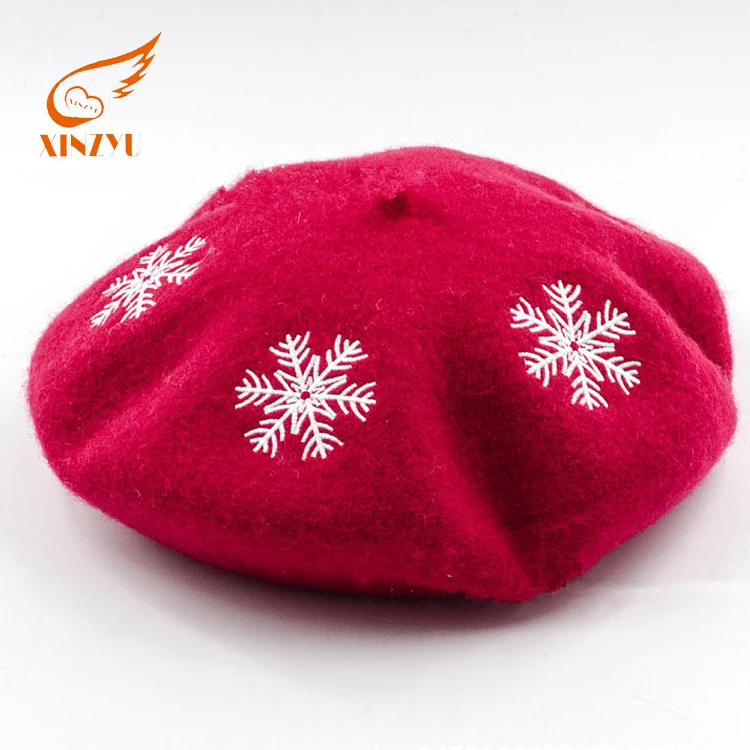 Classic Ladies Red Beret Hat Fashionable Snowflake Embroidered Girls Winter Hat for Christmas