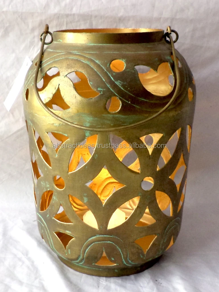 Patterned Glass Antique Hexagon Moroccan Lantern Multicolor Hanging Tabletop Metal Tea Light