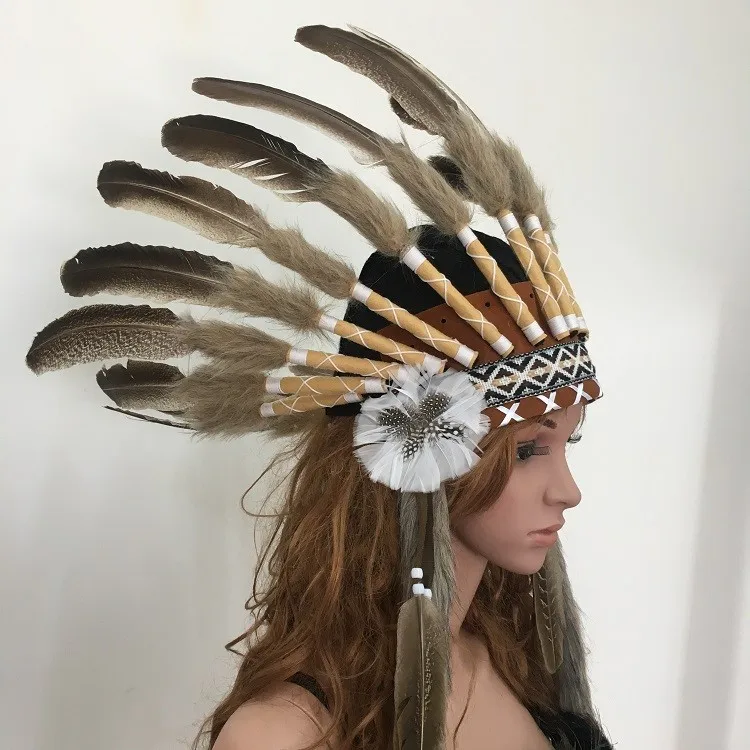 Feather Costume Indian Headdress Mohawk Brown Headband Chief Warbonnet Handmade 