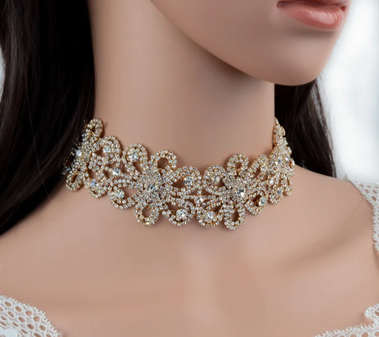 Fashion Women Metal Chunky Collar Choker Crystal Necklace&Earrings Jewelry Gift 