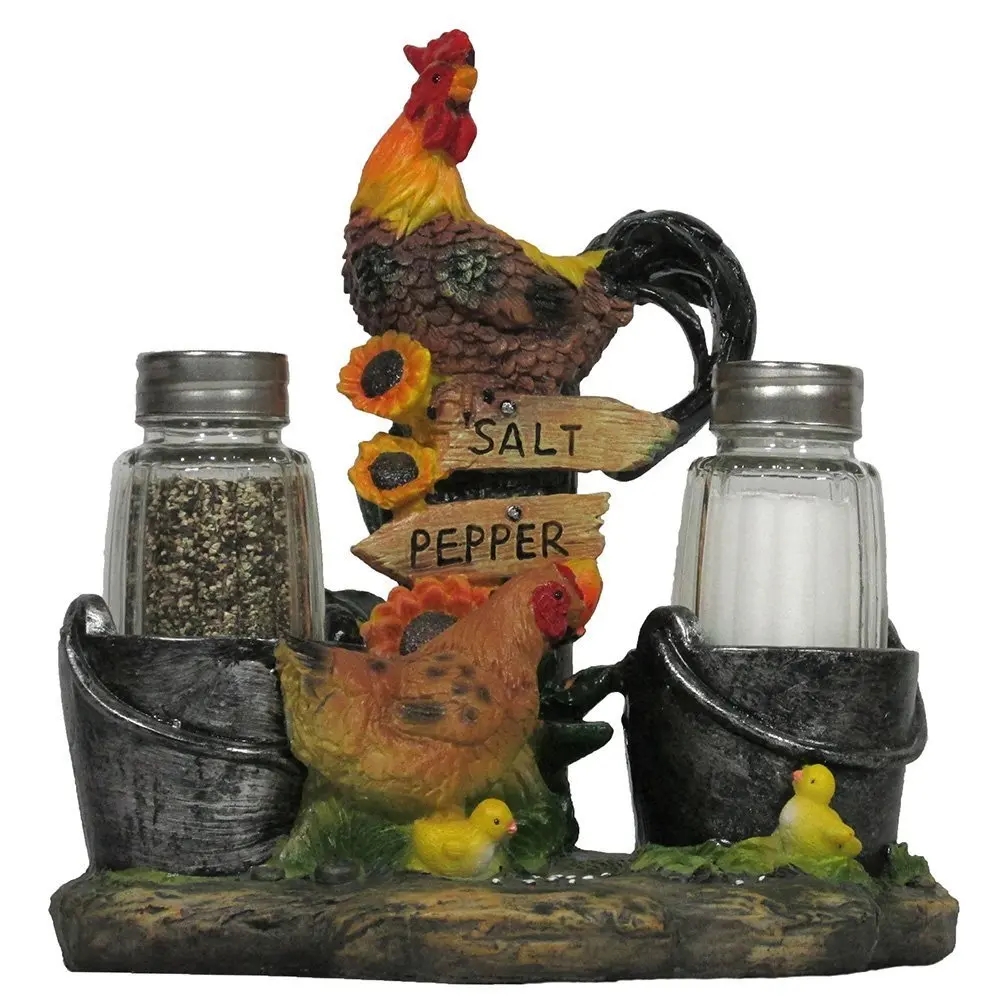 Rooster and Family Glass Salt and Pepper Shaker Set Figurine for Decorative Farm & Rustic Country Kitchen Decor Hen, Chicken & Chicks Sculptures and Gifts for Farmers by Home-n-Gifts