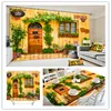 Top Sale European Romantic Style 3D Polyester Yellow Tablecloth , Shower Curtain , Window Curtain Witn Coffee Shop