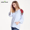 Green Home Maternity Pregnancy Clothes With Embroidered Long Sleeve Stripe Shirt Breastfeeding Clothing Maternity Nursing Wear