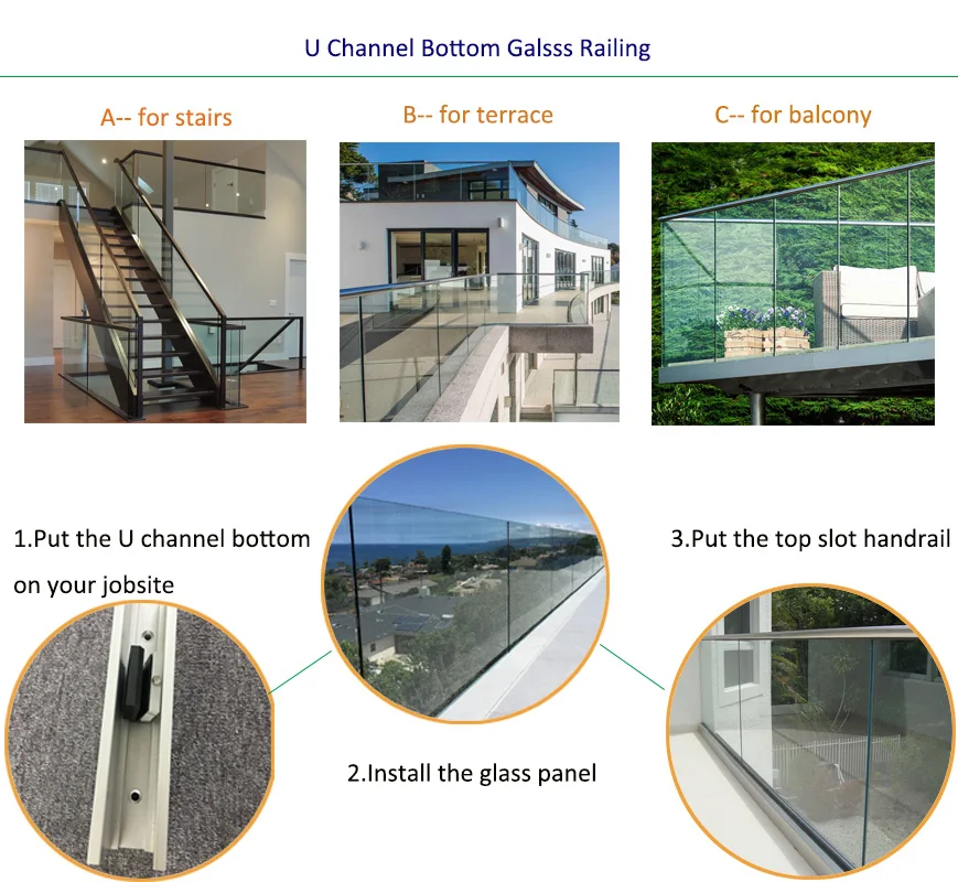 Australia standard outdoor railings design of high quality frameless anodizing u channel glass railing system factory