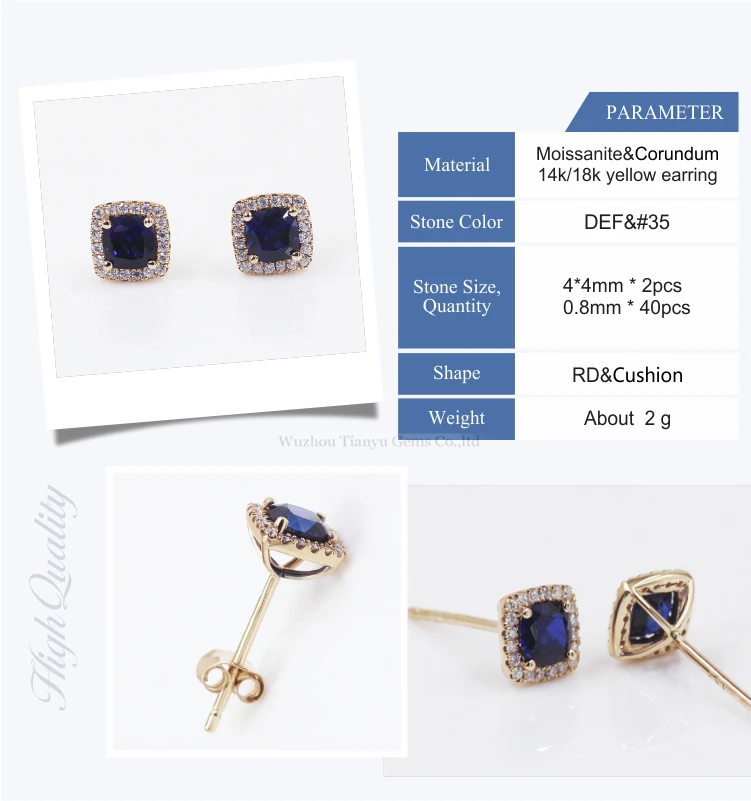 Tianyu Gems custom design corundum&moissanite 18k yellow gold jewelry earring
