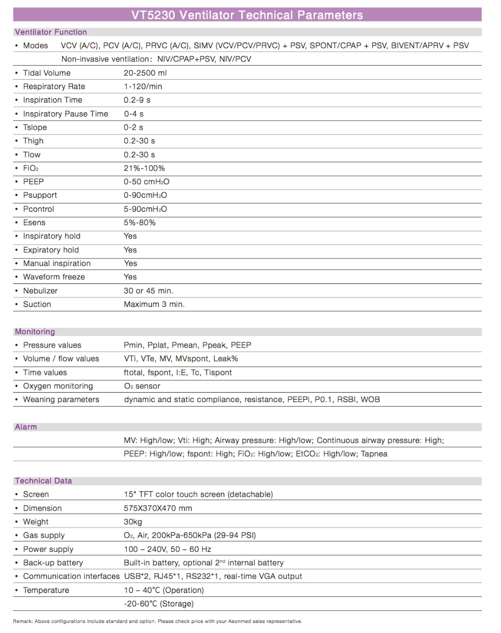 aeonmed ICU medical ventilator ventilator machine VT5230 for adult and infant