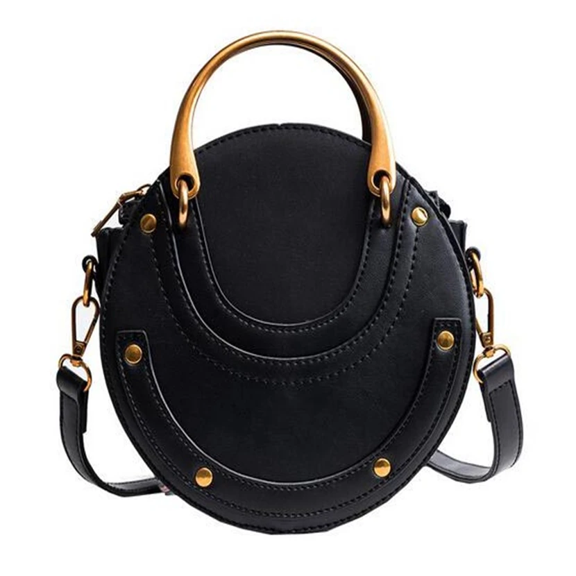 New Fashion Custom Round Calfskin Leather Retro Metal Ring Handbag single Shoulder Mini Women bag