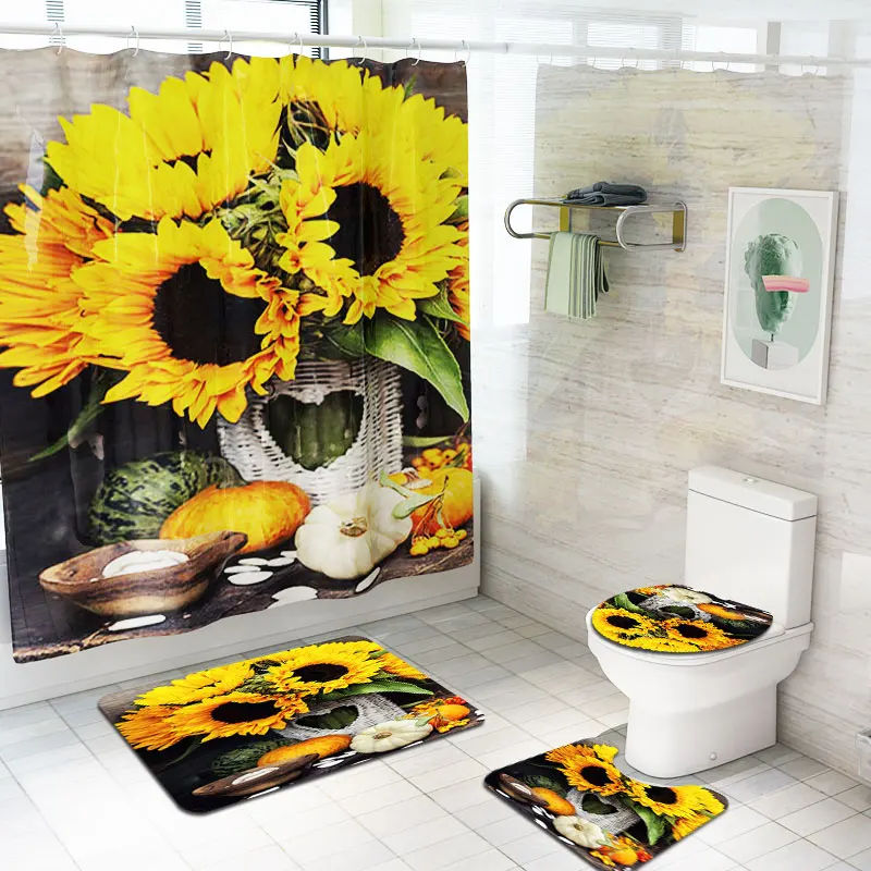 Sunflower Custom Print  Anti Slip Bath Mat and Shower Curtain Set