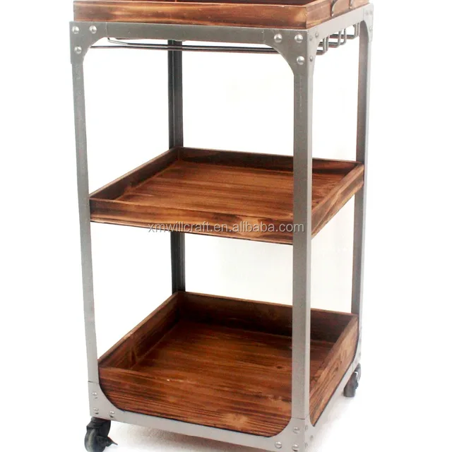 3 tiers <strong>kitchen</strong> trolley with wheels industrial metal and wooden