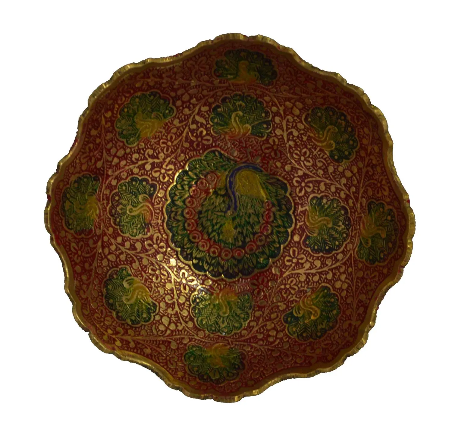 Size 9 Beautiful Green Color Peacock Design Kitchenware Gift Zap Impex Gold Plated Brass Decorative Round Dry Fruit Bowl Carving Work