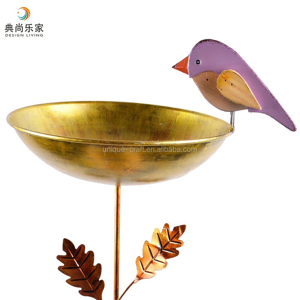 Garden Stake Copper Bird Water Feeder Station with Decorative Wood Bird