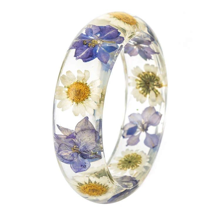 Handmade Real Flower Resin Bangle With Multi Color Daisy Flower
