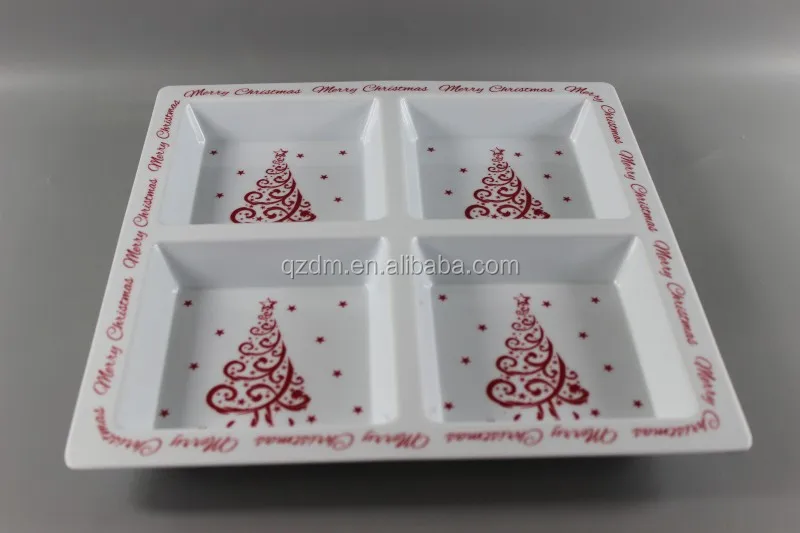 12" Square Melamine 4 Divided Plate Christmas Snack Dish
