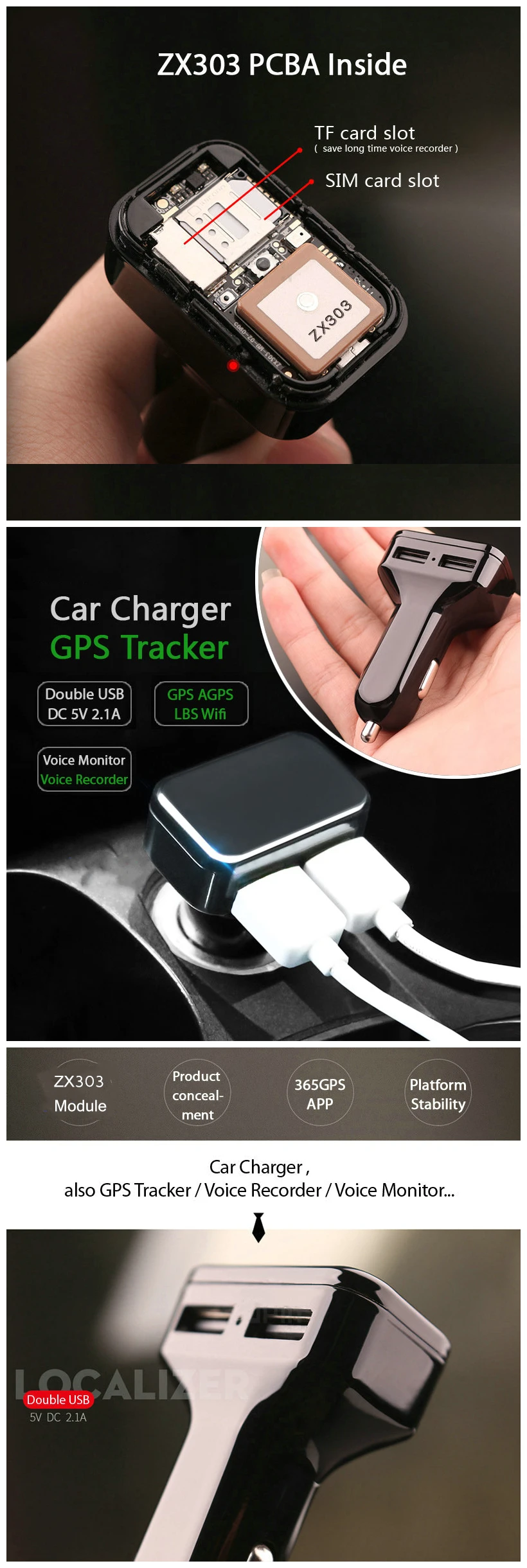 Car Charger GPS Tracker GPS GSM Wifi Tracking Call SMS Voice Monitoring Recorder