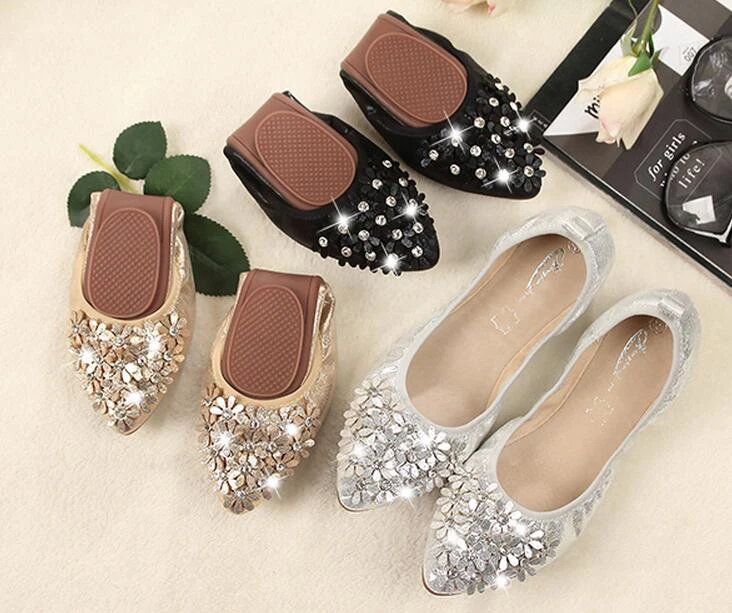 New Fashion Women Folding Shoes Ladies Casual Rhinestone Silver Soft ...