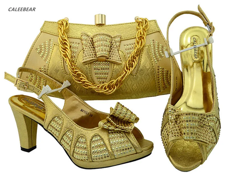 gold shoes and handbag