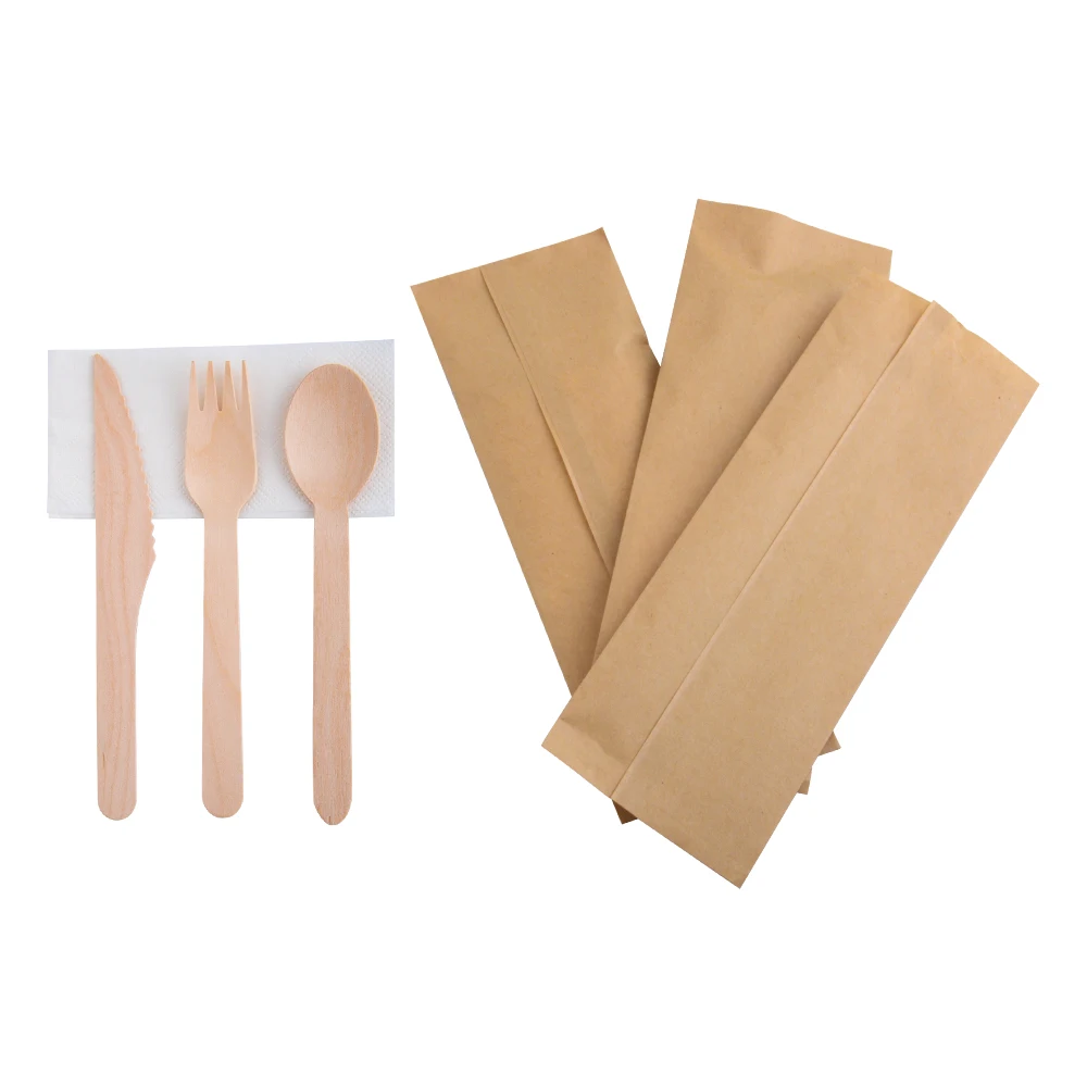 Dsyp01 16cm Knife Fork Spoon Set Brown Paper Bag Includes Napkin Wooden