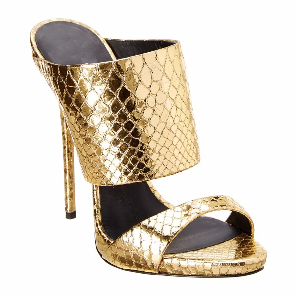 New Design Ladies Footwear Gold Snake Skin Mules High Heels For Women ...