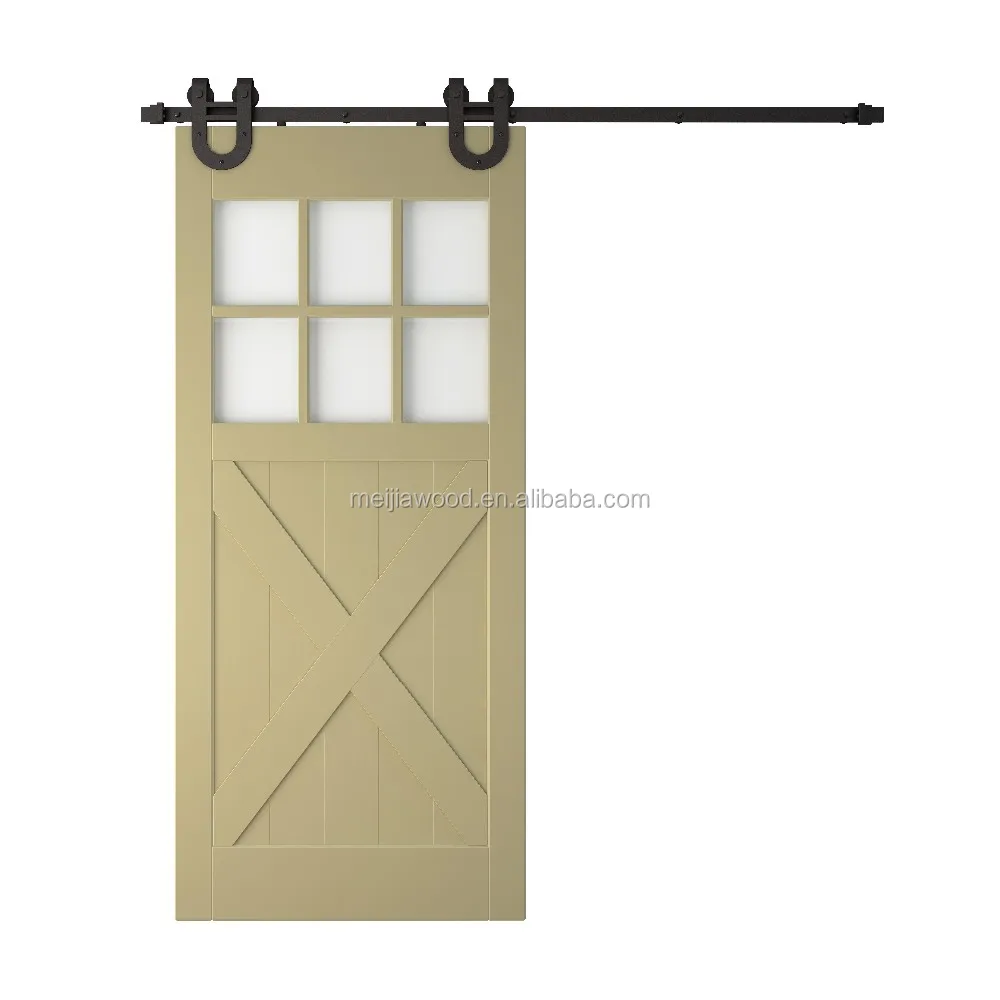French Style 6-Lite Flat Top With Half X Brace Bi-Parting Exterior Glass Barn Door With Sliding Door Hardware