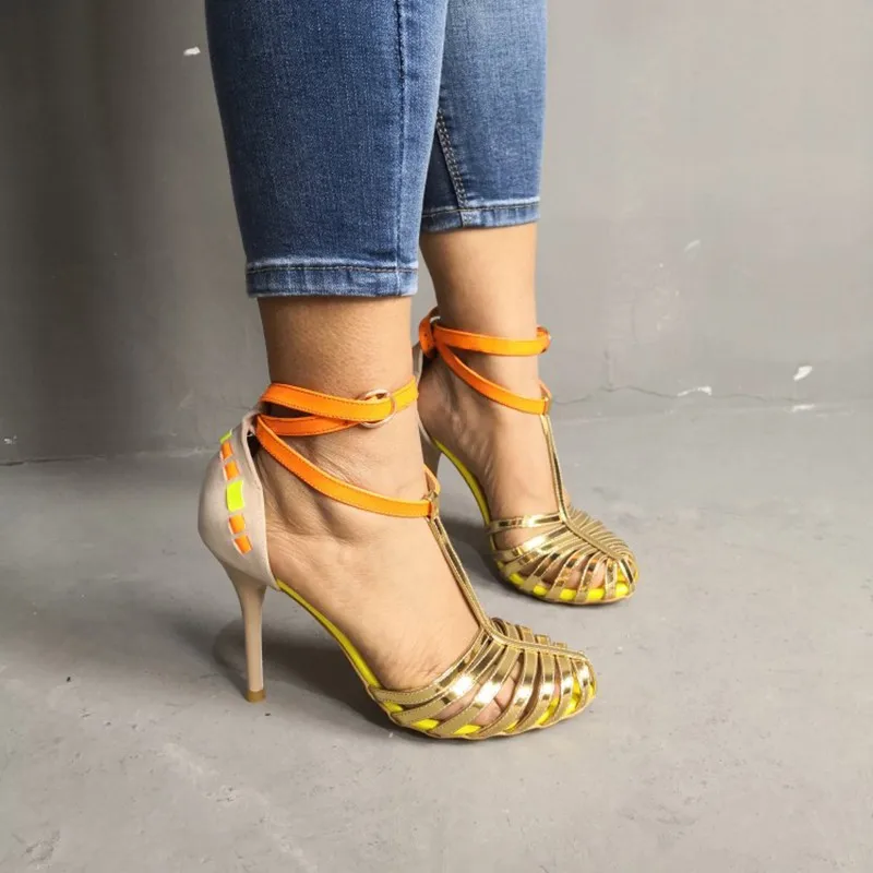 2019 Trendy Women Interchangeable Neon Green Sandal With Strap Stilettos With Steel Heel Fisher 