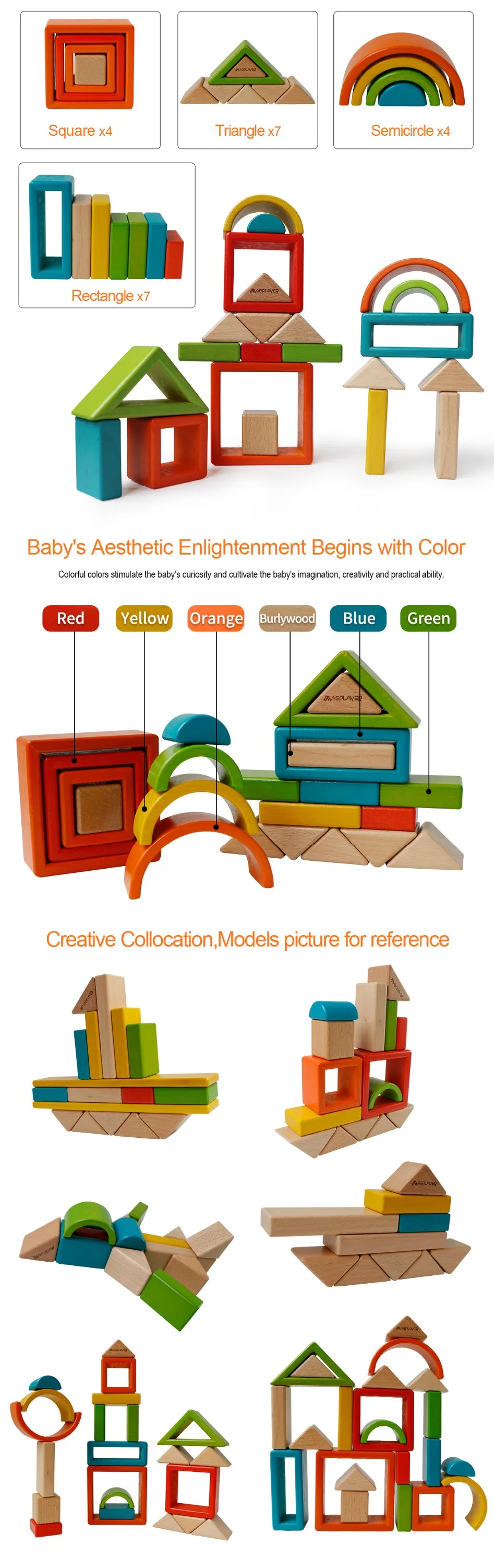 Intelligence Stacking Rainbow Wooden Blocks Wood Baby Toys For Girls