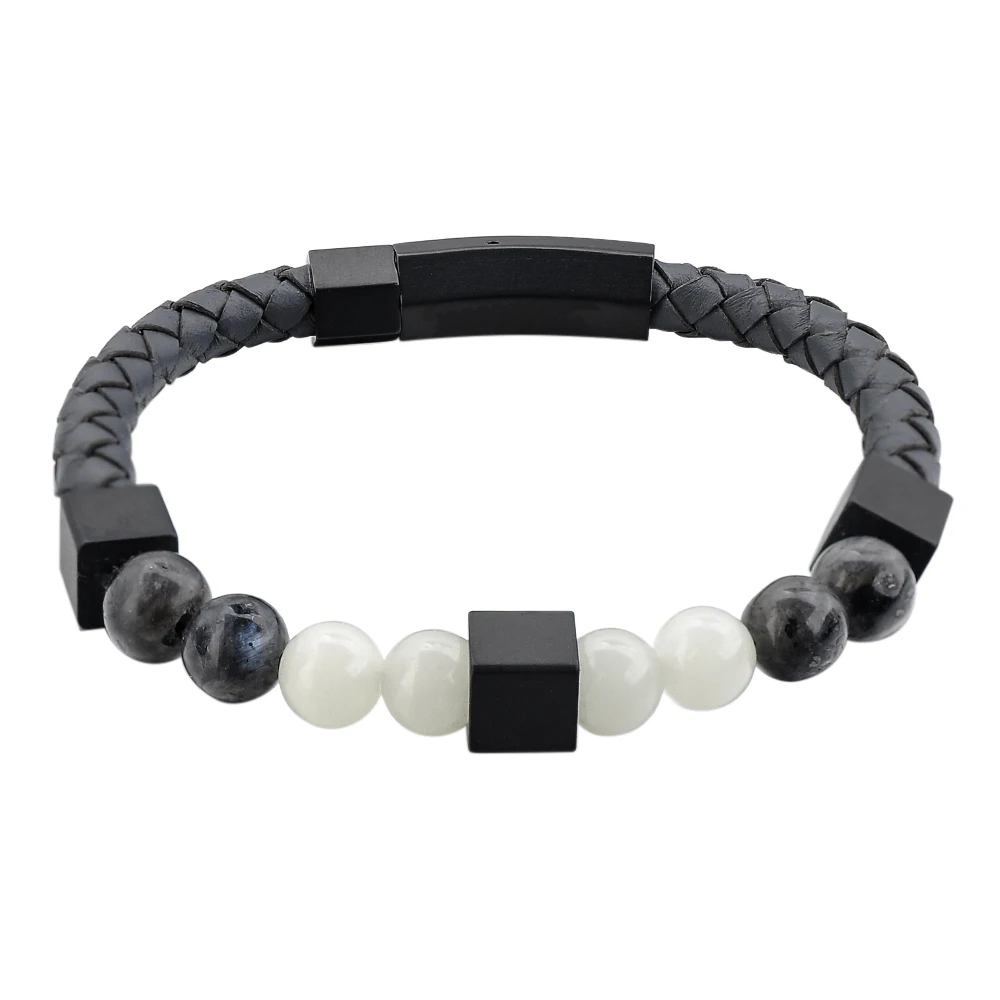 Wholesale Fashion Handmade High Quality Custom Jewelry Black Gemstone Natural Lava Stone Mens Leather Bead Bracelet