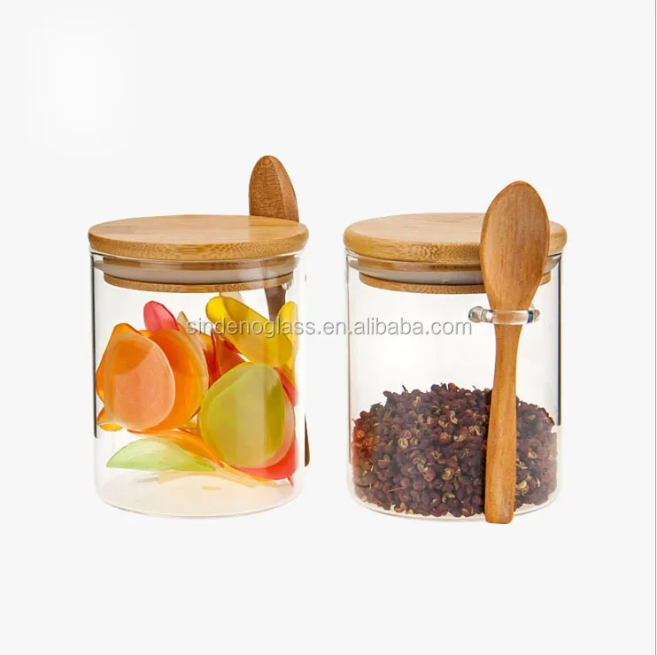 Tiny Glass Jar Small Wooden Spoon 8 Oz Glass Jar With Bamboo Lid And
