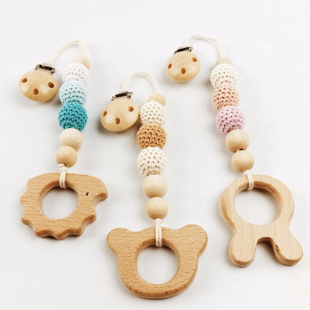 Natural Beech Wooden Dummy Teether Pendant Baby Teether Pacifier Chain ...